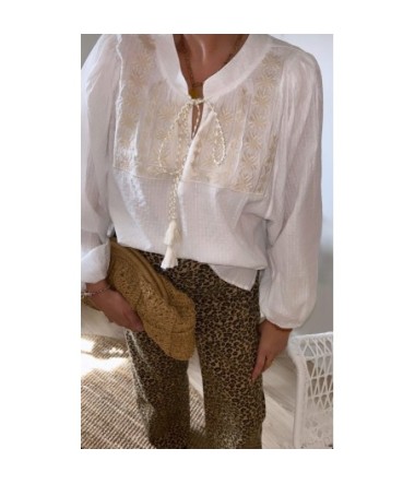 Blouse broderie - Blanc & Beige